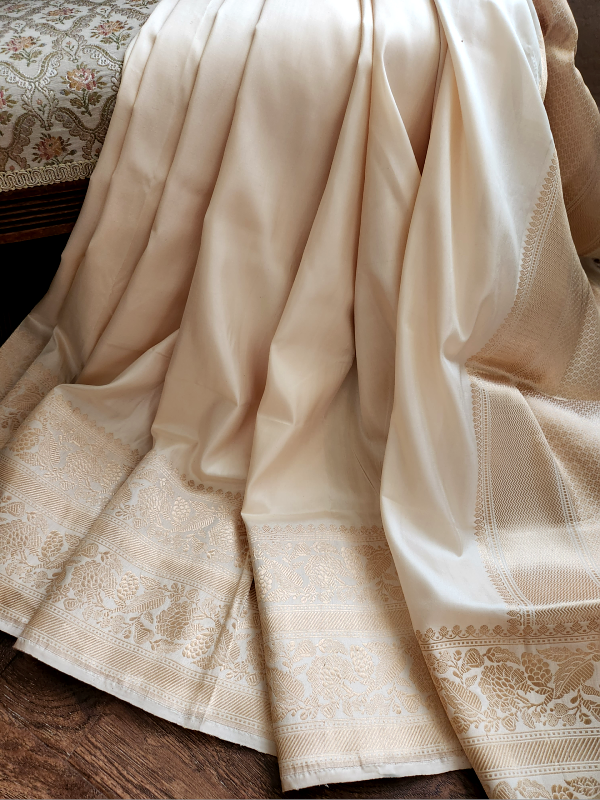 Ivory Khadua Katan Banarsi Saree