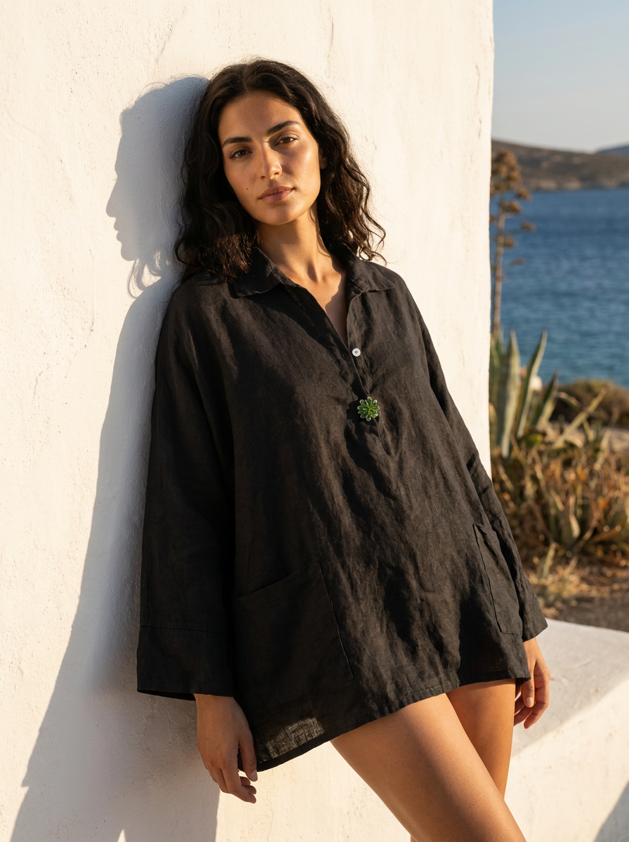 Noir Pure Linen Kaftan Shirt