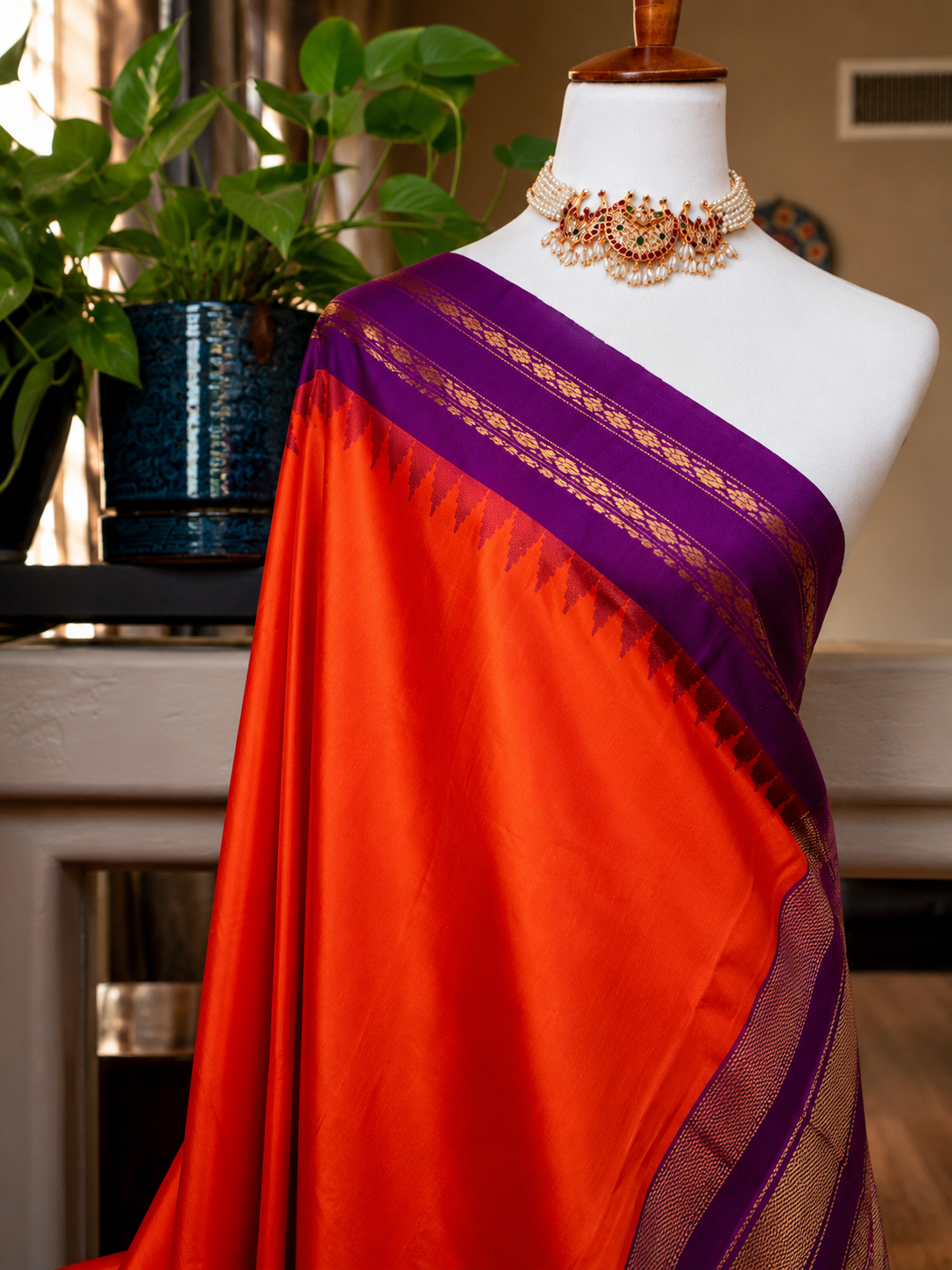 Burnt Orange Silk Gadwal Saree
