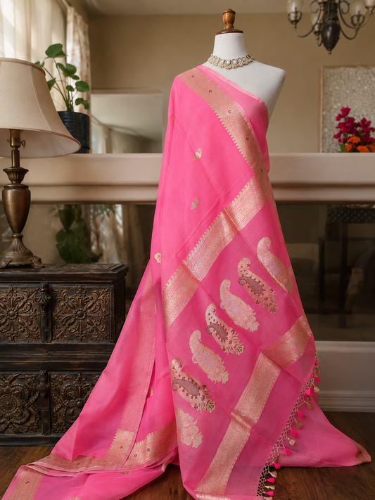 Hot Pink Banarsi Organza Saree