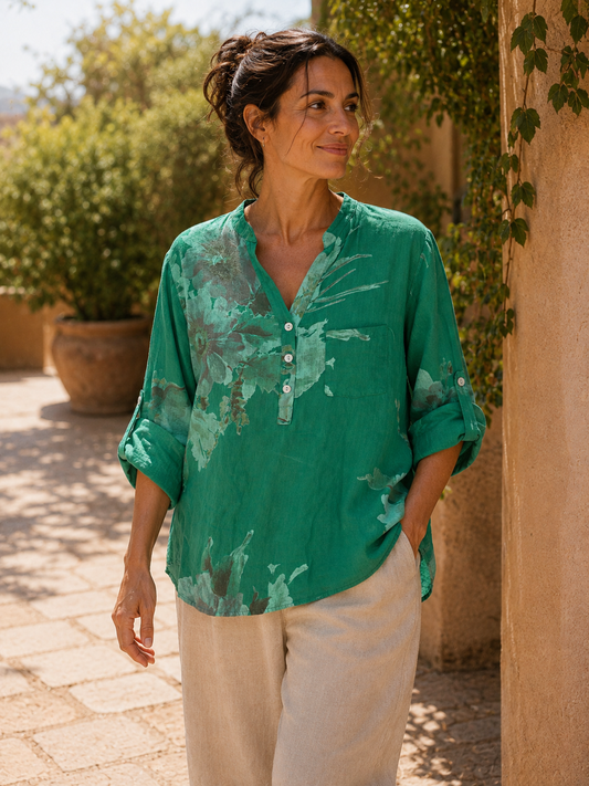 Emerald Floral Pure Linen Shirt