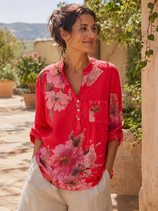 Coral Floral Pure Linen Shirt