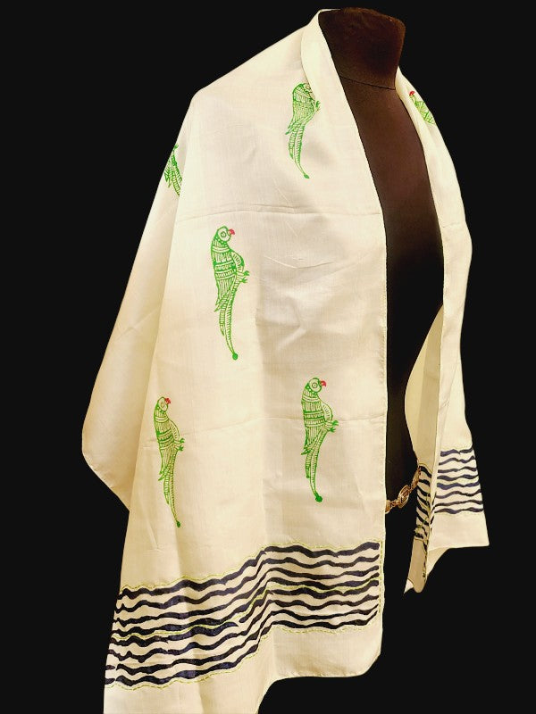 Parrot Block Printed Organic Silk Scarf