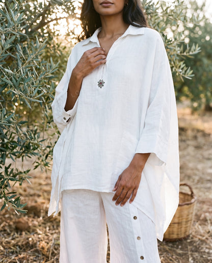 White Pure Linen Kaftan Shirt