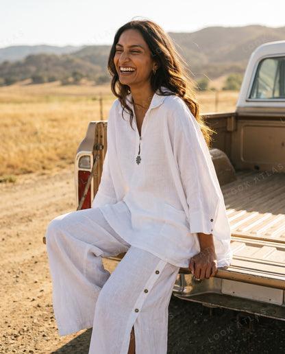 White Pure Linen Palazzo Pants