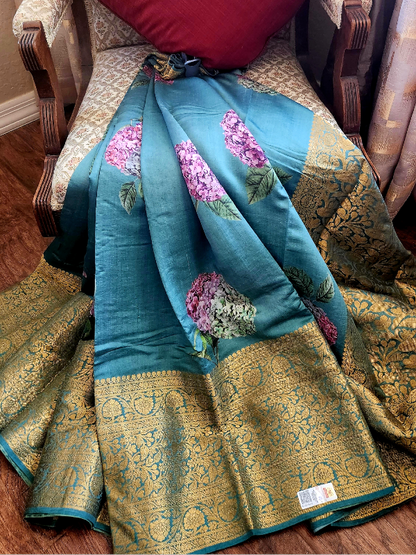 Teal Chiniya Silk saree