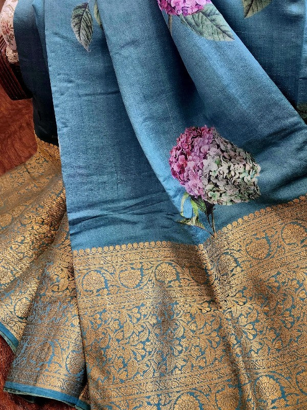 Teal Chiniya Silk saree