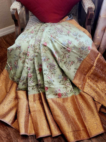 Mint Green Chiniya Silk Saree