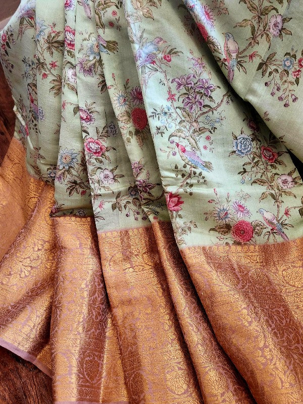 Mint Green Chiniya Silk Saree