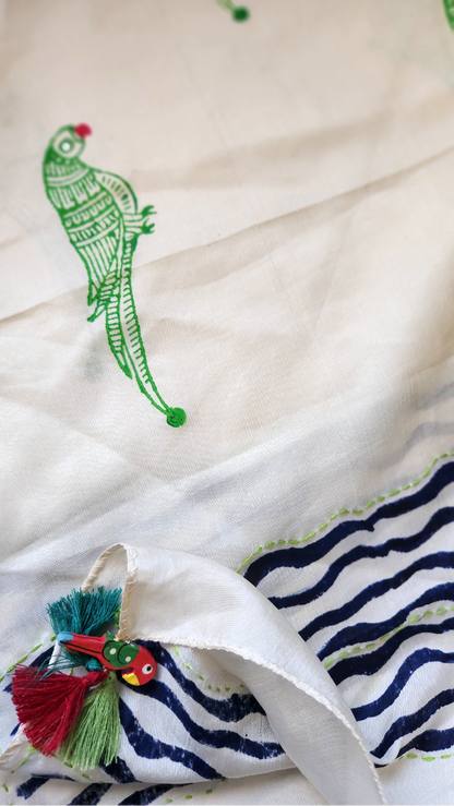 Pure Silk Block Printed Scarf - Parrots Tale