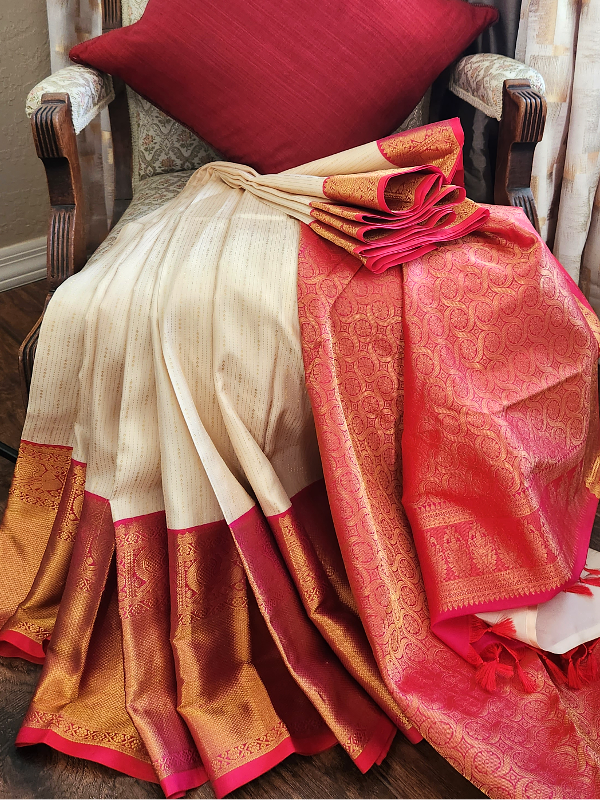 Ivory Pink Kanjivaram Silk Saree
