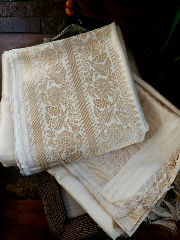 Ivory Khadua Katan Banarsi Saree