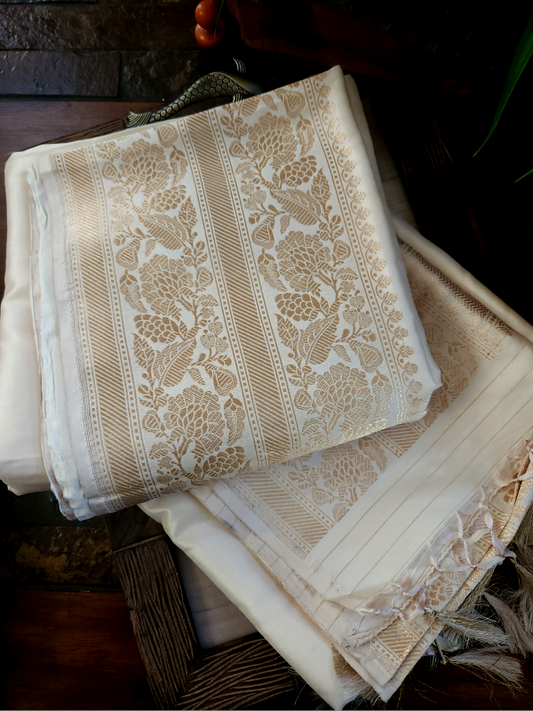 Ivory Khadua Katan Banarsi Saree