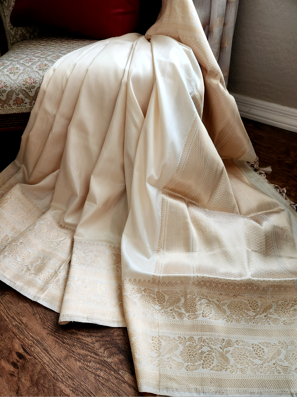 Ivory Khadua Katan Banarsi Saree