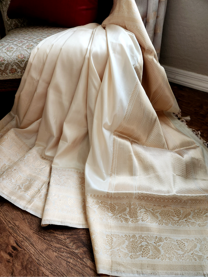 Ivory Khadua Katan Banarsi Saree