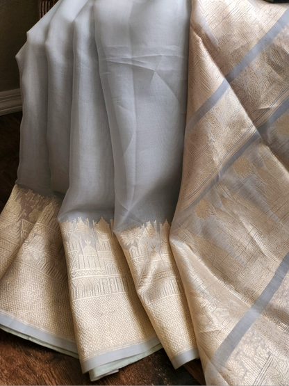 Silver Grey Ghat Khadua Banarsi Kora Saree