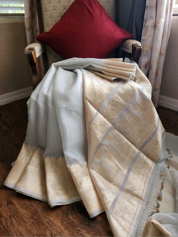 Silver Grey Ghat Khadua Banarsi Kora Saree