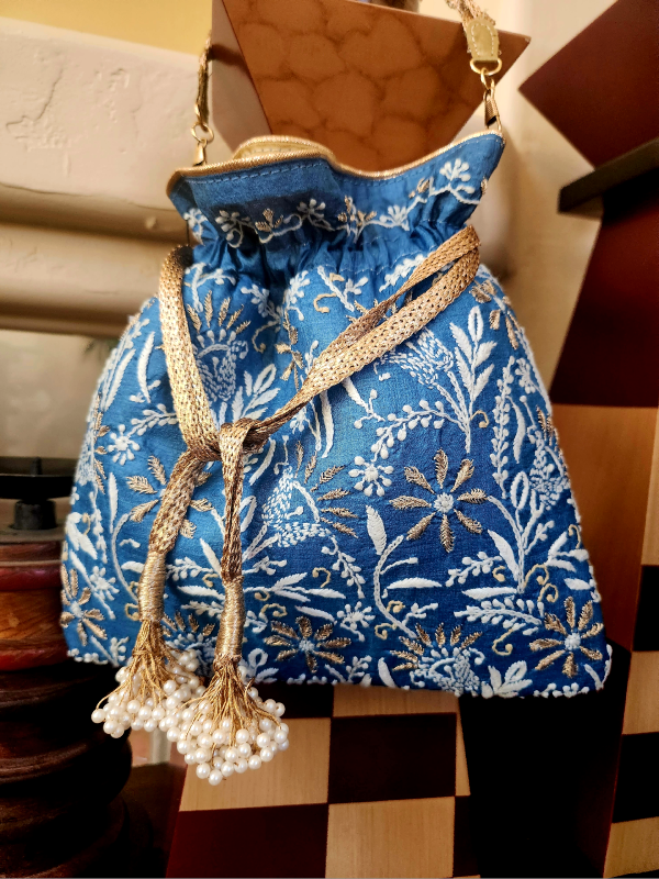 Blue Chikankari Potli