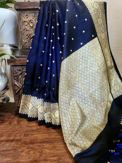 Midnight Blue Double Katan Banarsi Silk Saree