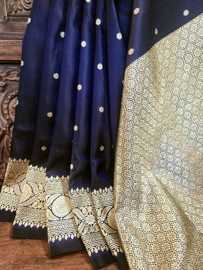 Midnight Blue Double Katan Banarsi Silk Saree