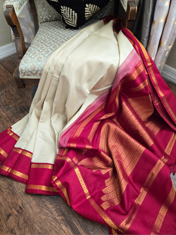 Ivory Red Silk Kanjivaram Saree