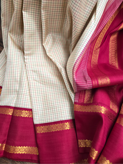 Ivory Red Silk Kanjivaram Saree