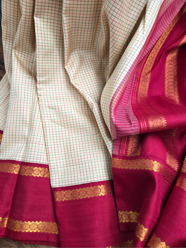 Ivory Red Silk Kanjivaram Saree