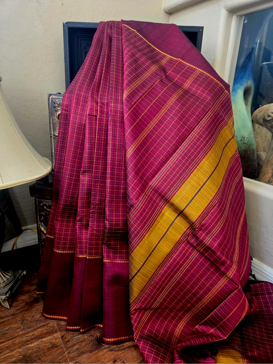 Maroon Check Silk Kanjivaram Saree