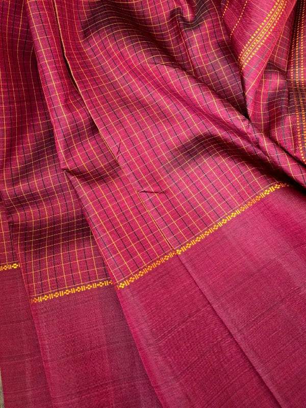 Maroon Check Silk Kanjivaram Saree