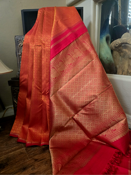 Saffron Red Aayiram Buta Silk Kanjivaram Saree