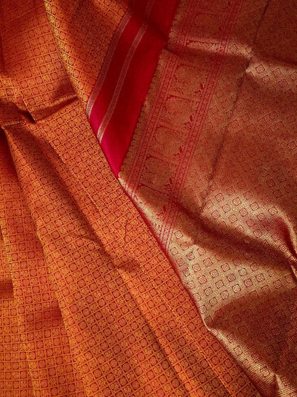 Saffron Red Aayiram Buta Silk Kanjivaram Saree