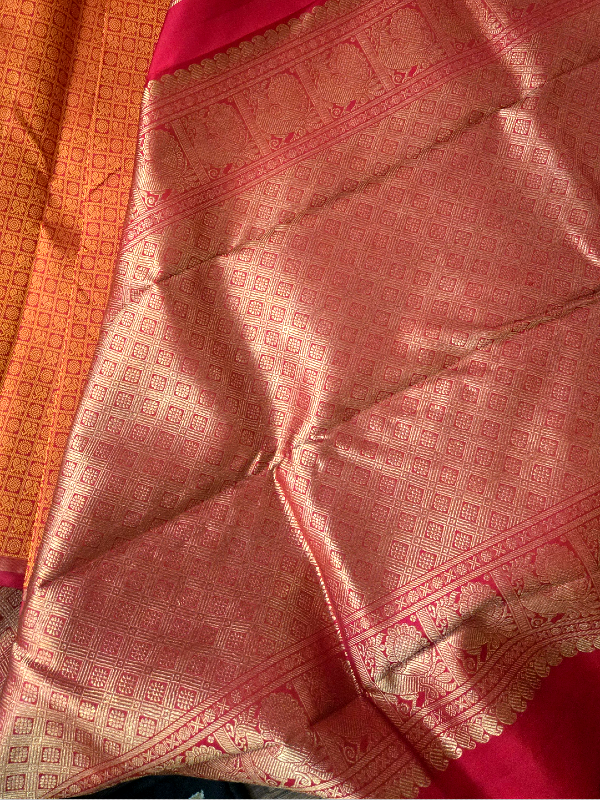 Saffron Red Aayiram Buta Silk Kanjivaram Saree