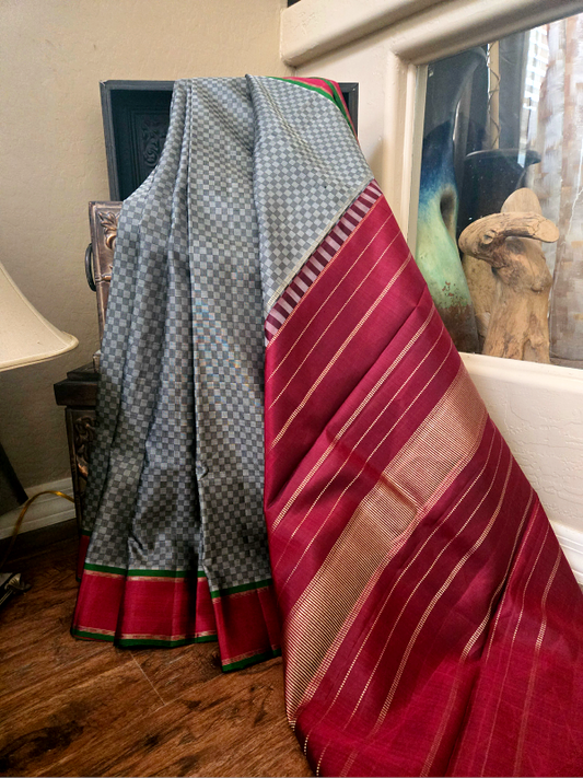 Grey Black Check Kanjivaran Silk Saree