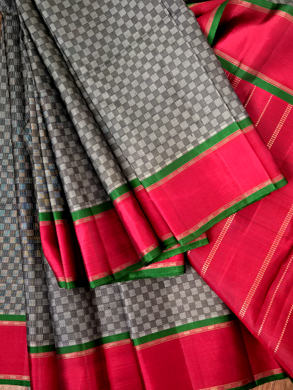 Grey Black Check Kanjivaran Silk Saree