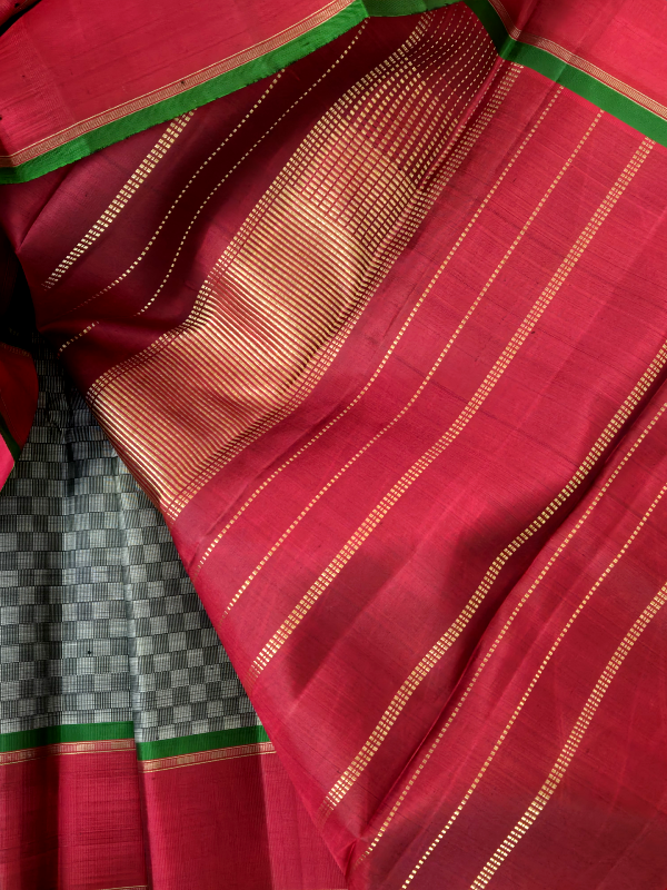 Grey Black Check Kanjivaran Silk Saree