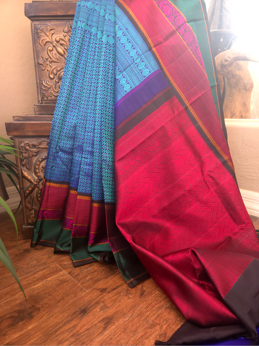 Electric Blue Threadwork Kanjivaram Silk Saree