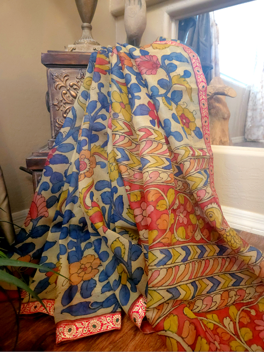 Pen Kalamkari Saree on Pure Organza