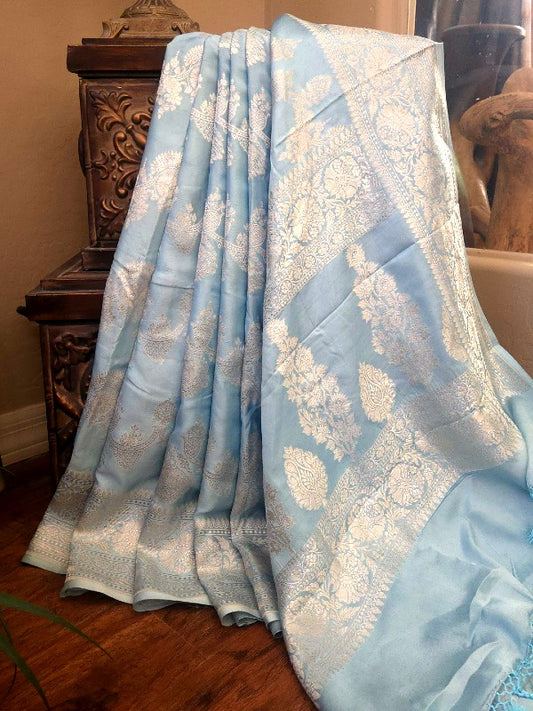 Powder Blue Mashroo Silk Banarsi Saree