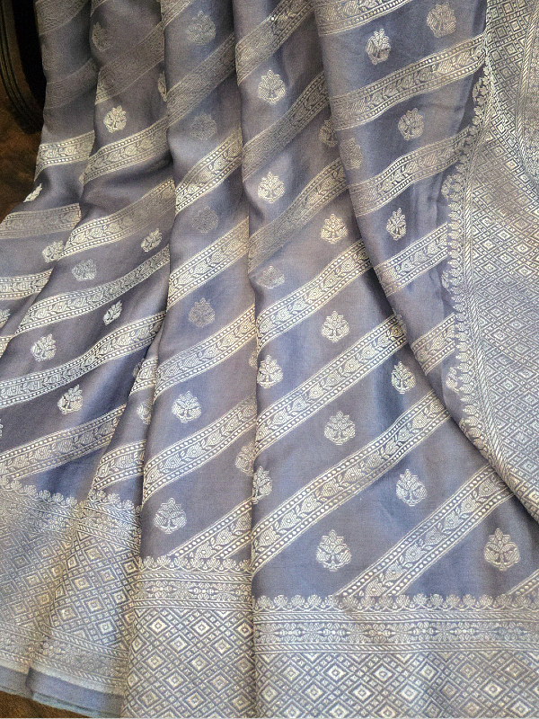 Dove Grey Mashroo Silk Banarsi Saree