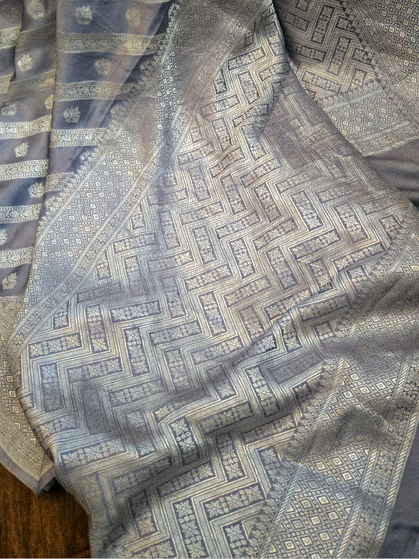 Dove Grey Mashroo Silk Banarsi Saree