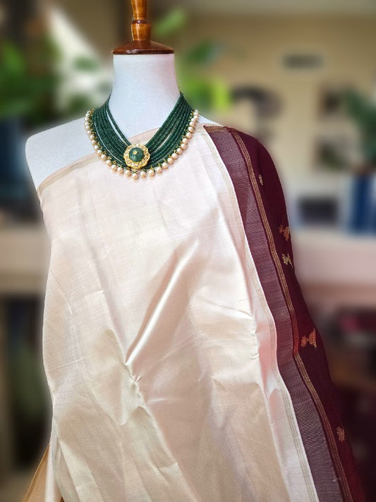 Blush Ivory with Maroon Silk Kanjivaram Saree