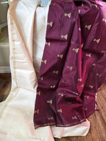 Blush Ivory with Maroon Silk Kanjivaram Saree
