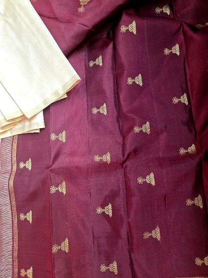 Blush Ivory with Maroon Silk Kanjivaram Saree