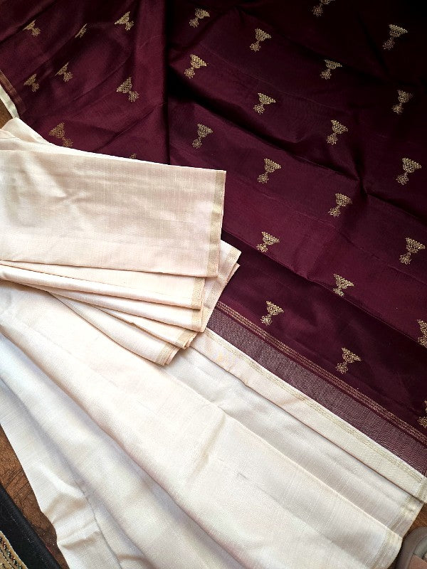 Blush Ivory with Maroon Silk Kanjivaram Saree