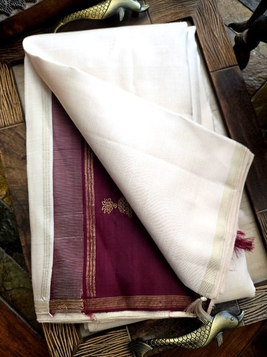 Blush Ivory with Maroon Silk Kanjivaram Saree