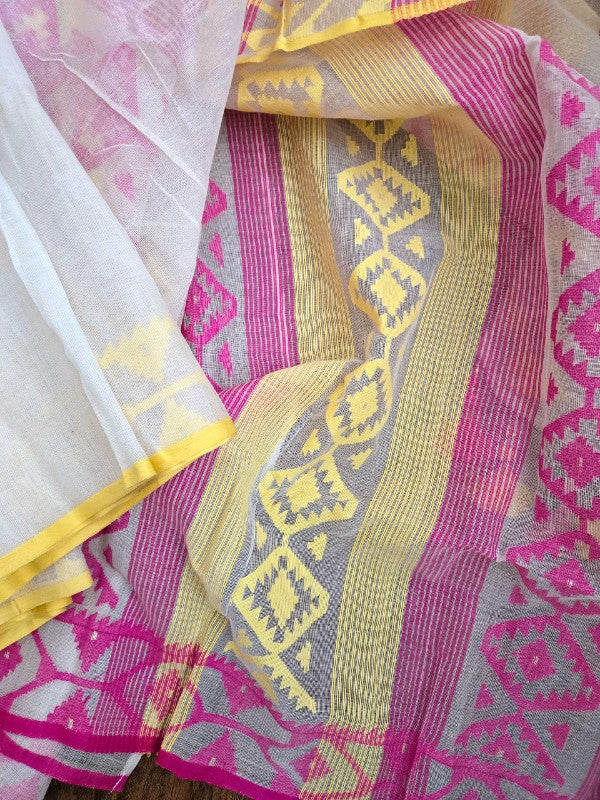 White Cotton Dhakai Jamdani Saree