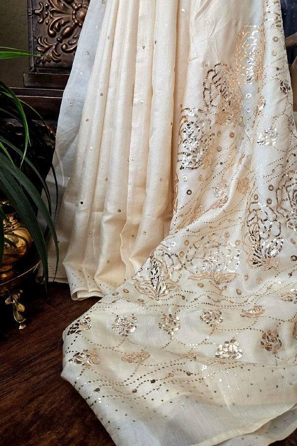 Ivory Tussar Kamdani Saree