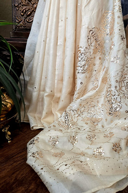 Ivory Tussar Kamdani Saree