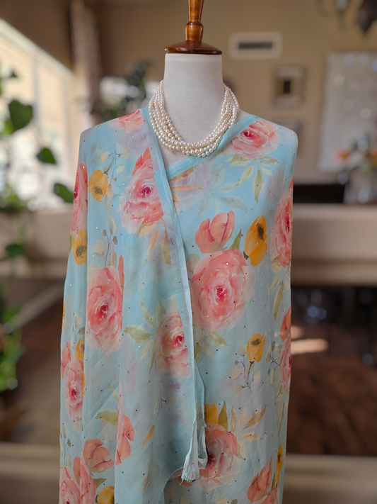 Platinum Printed Pure Chiffon Saree with Mukaish