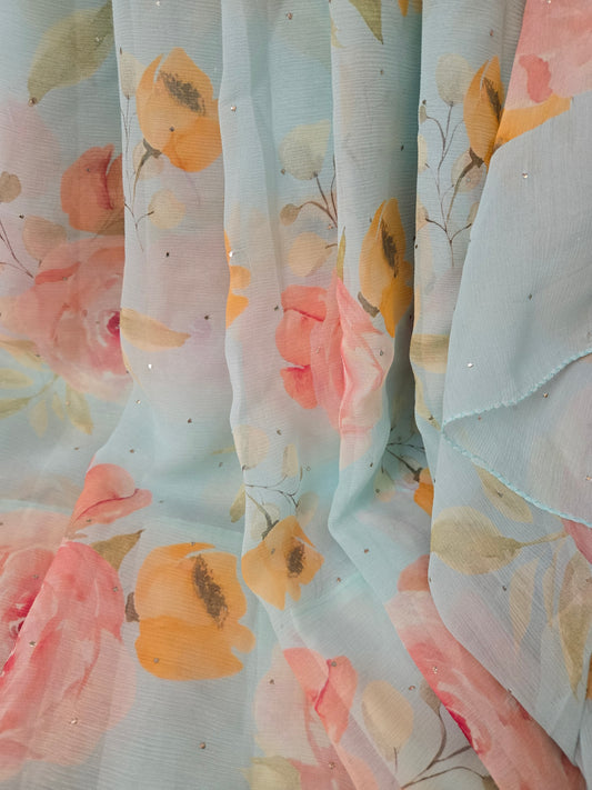 Platinum Printed Pure Chiffon Saree with Mukaish